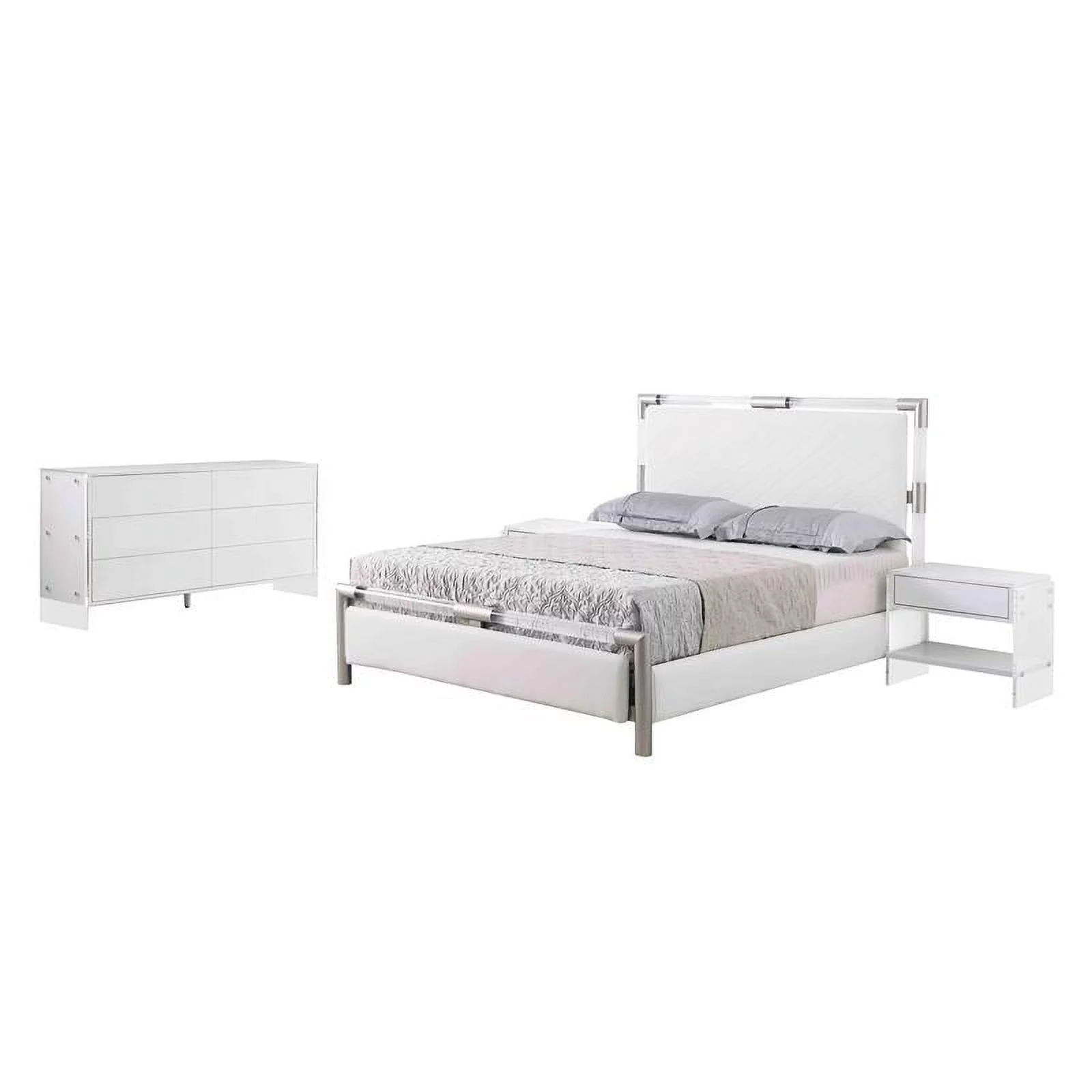 Milan Barry Collection Gloss White Wood & Acrylic Queen-size 3-Piece Bedroom Set