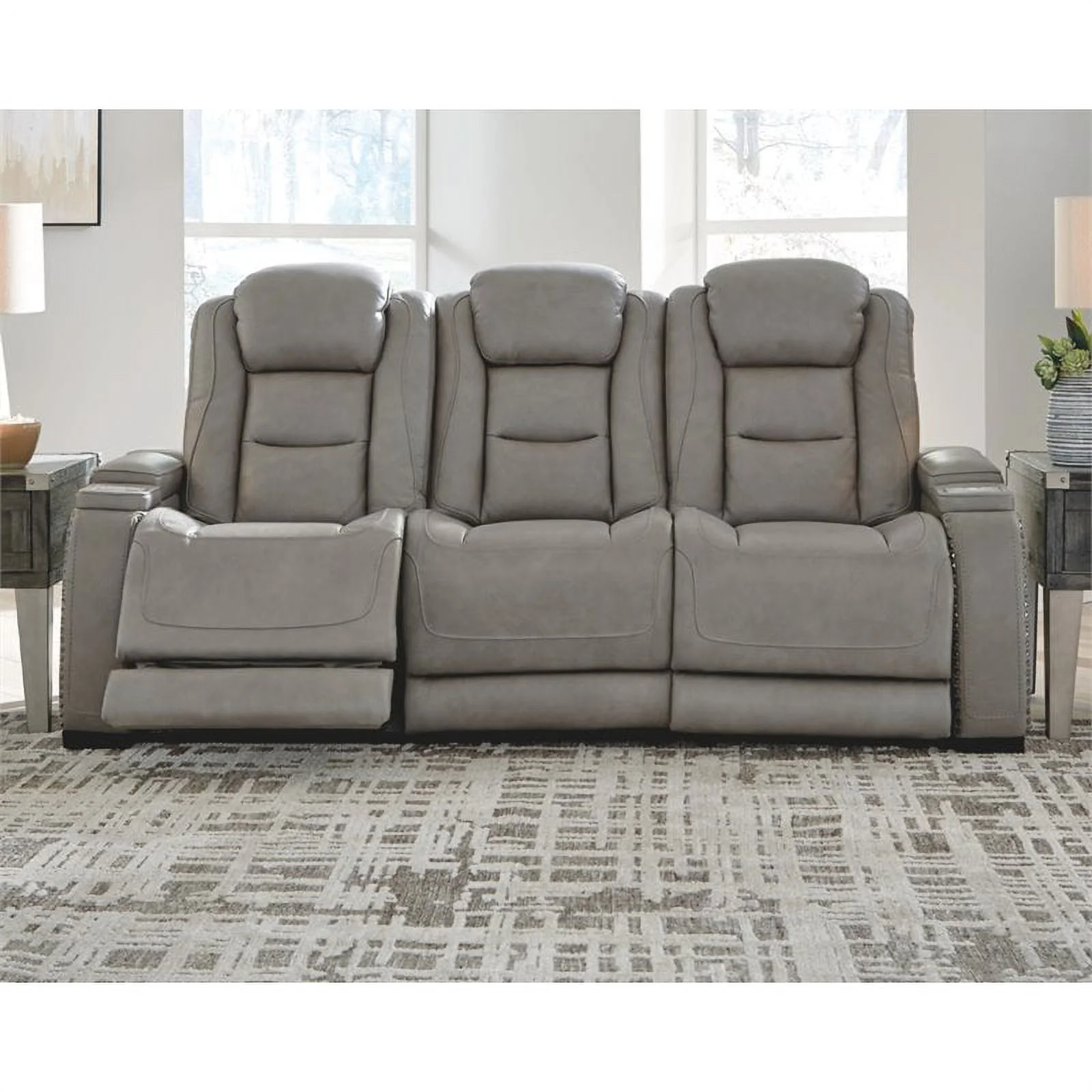 Bowery Hill Contemporary Leather Power Reclining Sofa in Gray