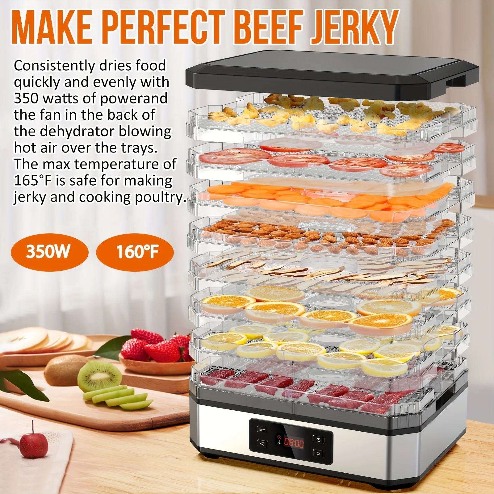 Food Dehydrator  Advanced Digital-perfect Jerky  Meat  Beef  Fruit And Vegetables-no BPA And Energy-saving  Stainless Steel (400W) (US Standard)