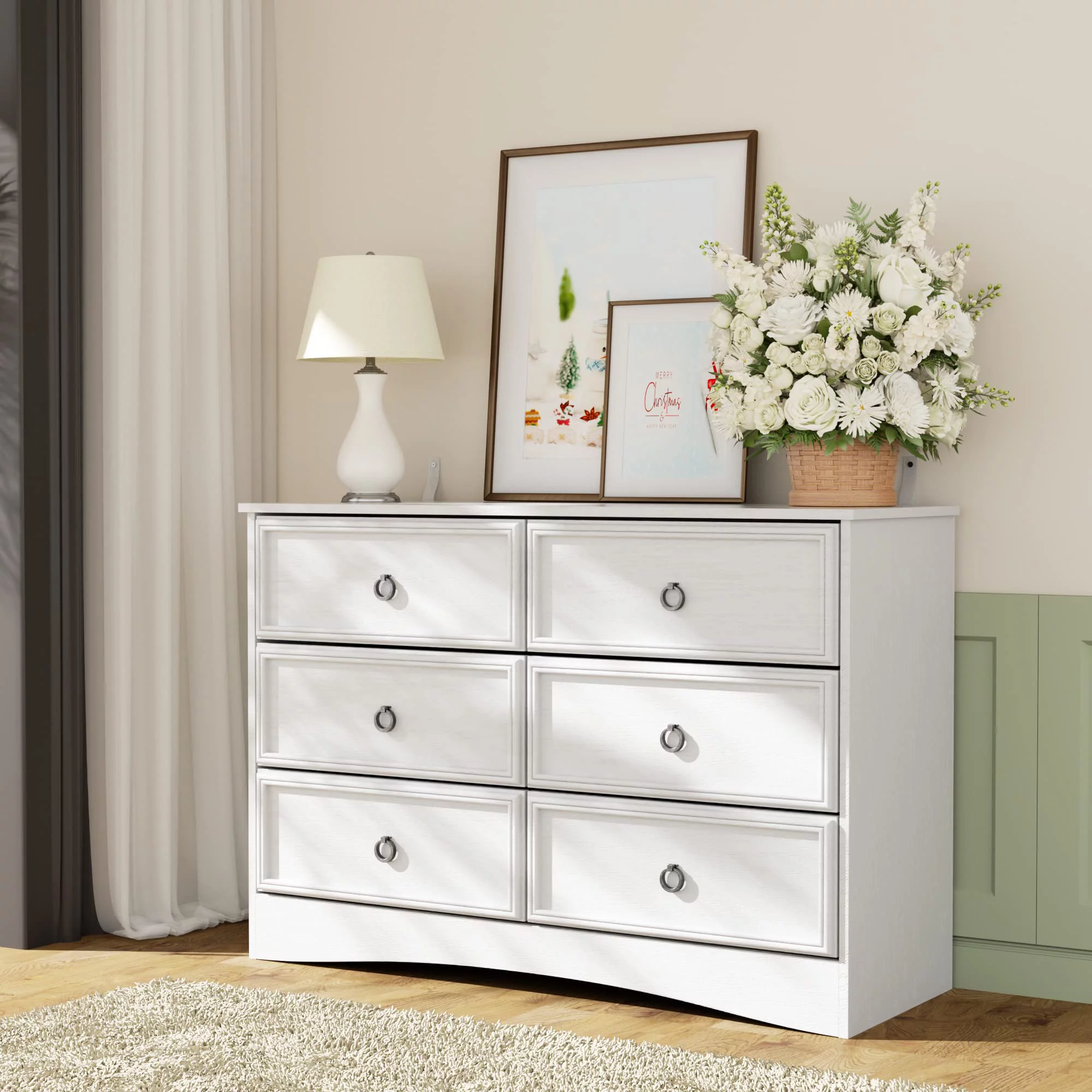Duerer 6 Drawer White Double Dresser, Wood Horizontal Cabinet Dresser Chest of Drawers for Bedroom, Living Room