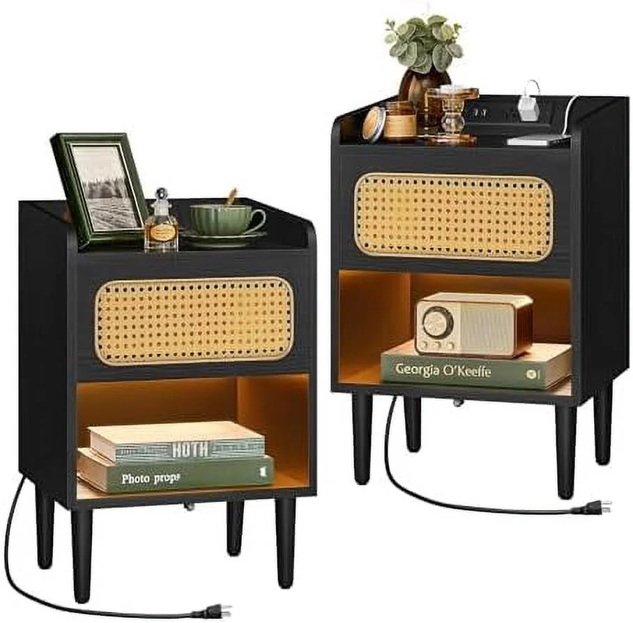 RUNFAYBIU BOHOVEN Collection - Nightstands with Charging Station    Bedside Tables with Motion Sensor Lights  Rattan-Like Side End Tables  Solid Wood Legs  for Bedroom   Style  Oak Beige
