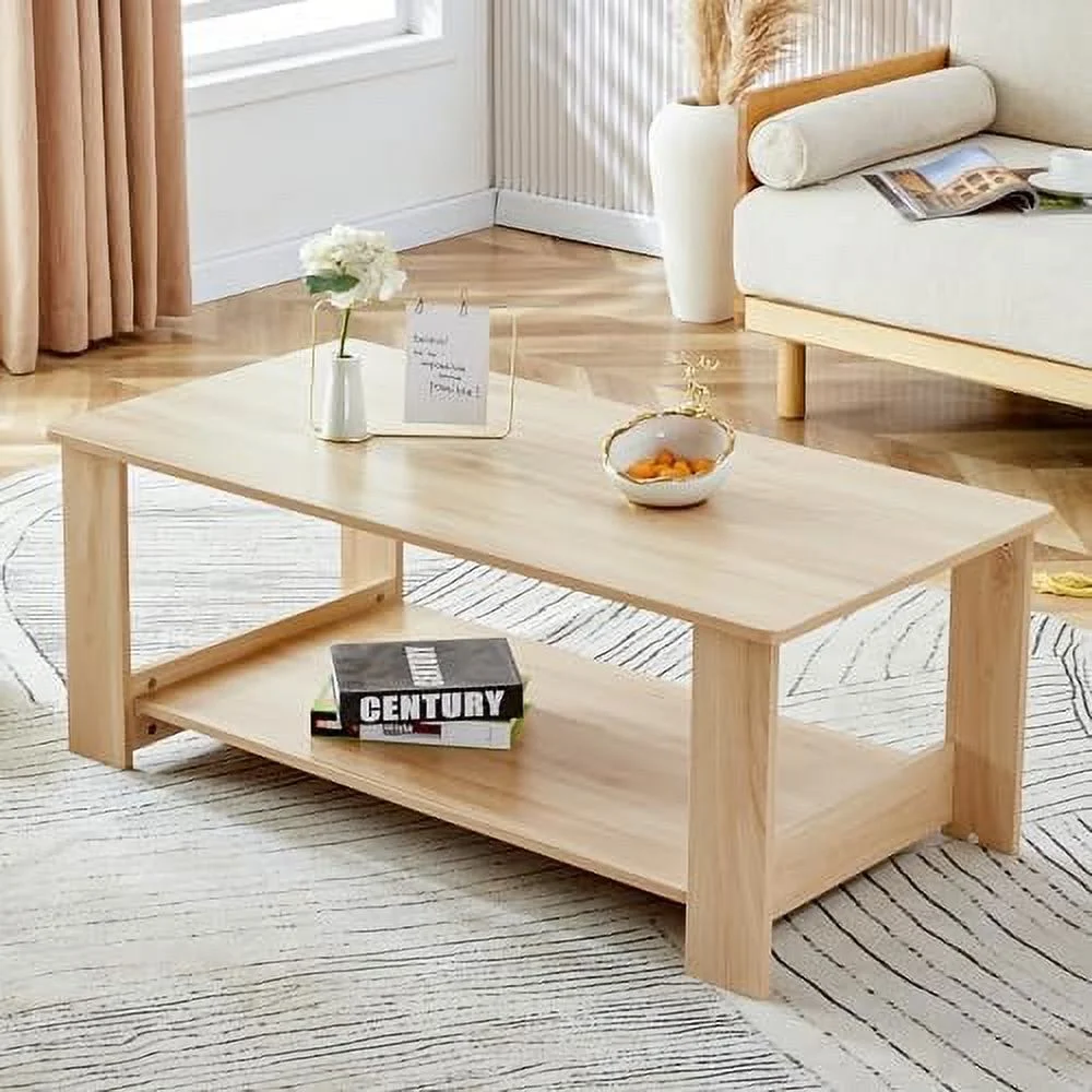 KHBIULIFE 43.3 inch Rectangular Coffee Table with MDF Tabletop  Double Layered Coffee Table with MDF Frame  Tea Table with Enough  Space for Living Room Dining Room Bedroom (Natural Wood)