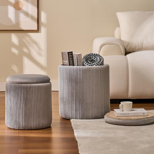 Round Set of 2 Ottoman with Storage-Upholstered Velvet Vanity Stool for Makeup Multifunctional Ottomans Coffee Table Padded Seat Foot Rest for Living Room&Bedroom（White）