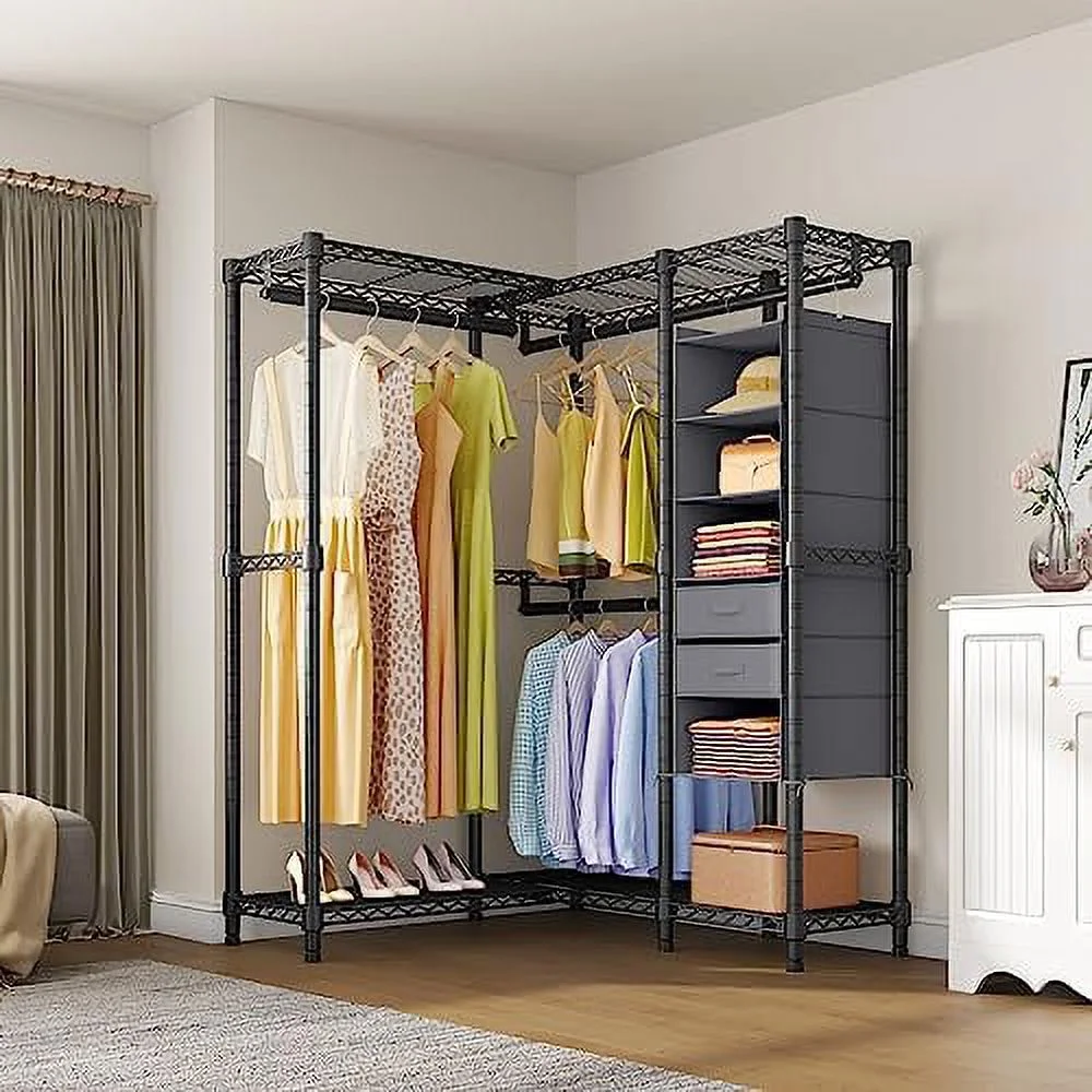 L6E Garment Rack For Hanging Clothes Heavy Duty Clothes Rack With Shelves, L Shaped Clothing Rack Portable Corner Closet Metal Freestanding Wardrobe With Organizer & Drawer, Max 715 LBS, Black