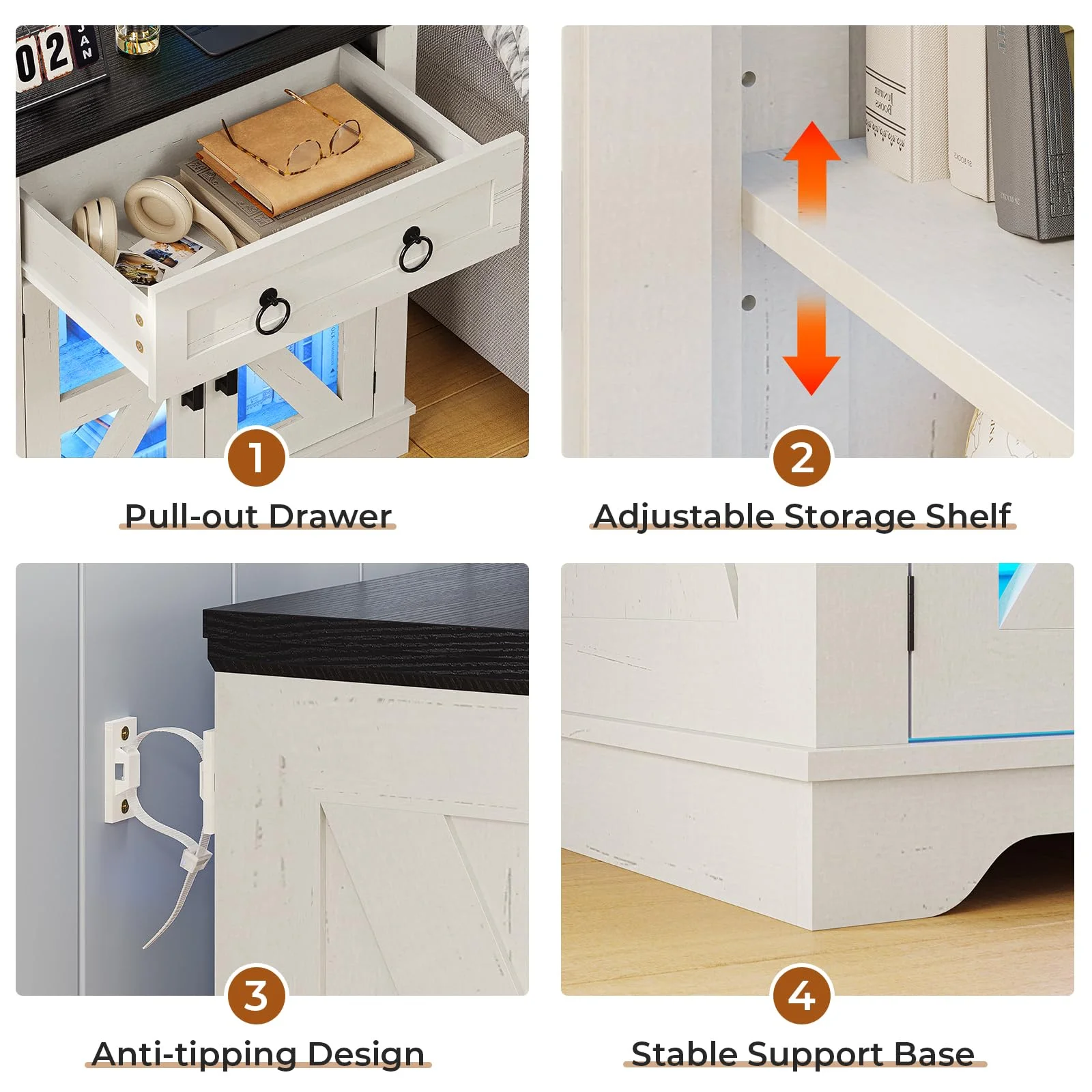 Farmhouse End Table with Charging Station, Side Table with LED Lights, White Night Stand for Living Room, Bedroom