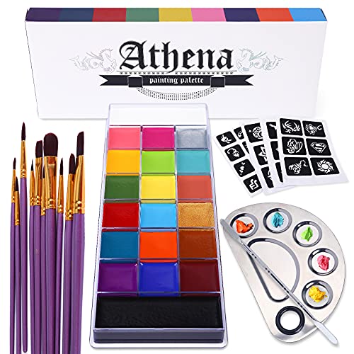 UCANBE Athena Face Body Paint Oil Makeup Set, 20 Colors FX Halloween Party Painting with Stainless Steel Mixing Palette and Spatula Tool,10 pcs Artist Paintbrushes,Tattoo Stencil Arts Crafts kit