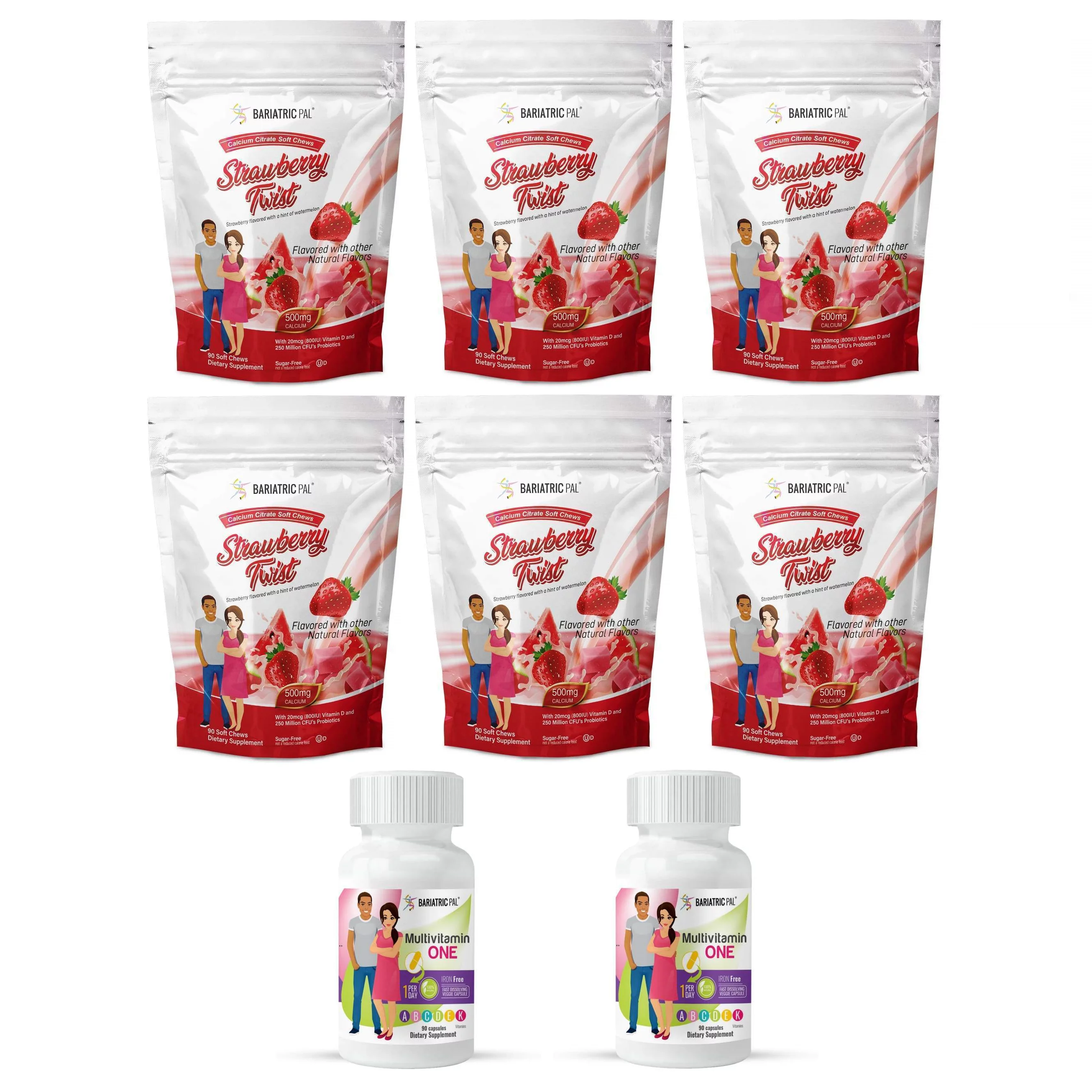 Gastric Sleeve Complete Vitamin Pack - Capsules Size: 6-Month Supply, BariatricPal Multivitamin ONE: Capsule - Iron Free, BariatricPal Calcium Citrate Soft Chews: Strawberry Twist