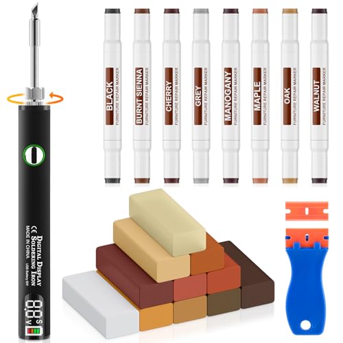 Vinyl Floor Repair Kit with Upgraded Heat Pen - 11 Colors Hardwood Wax 8 Colors Dual Tip Furniture Touch Up Markers, Laminate Flooring Scratch Repair Kit Covers Wooden Scratches, Cracks, Holes