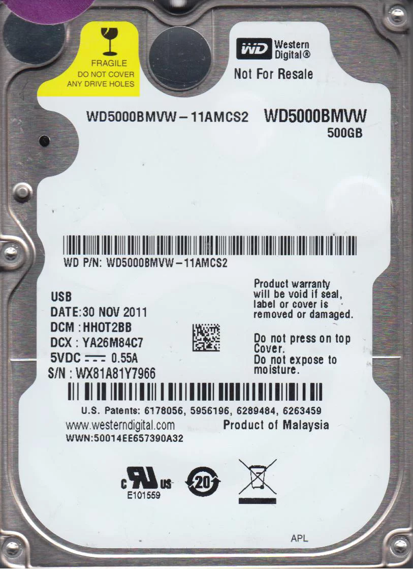 WD5000BMVW-11AMCS2, DCM HHOT2BB, Western Digital 500GB USB 2.5 Hard Drive