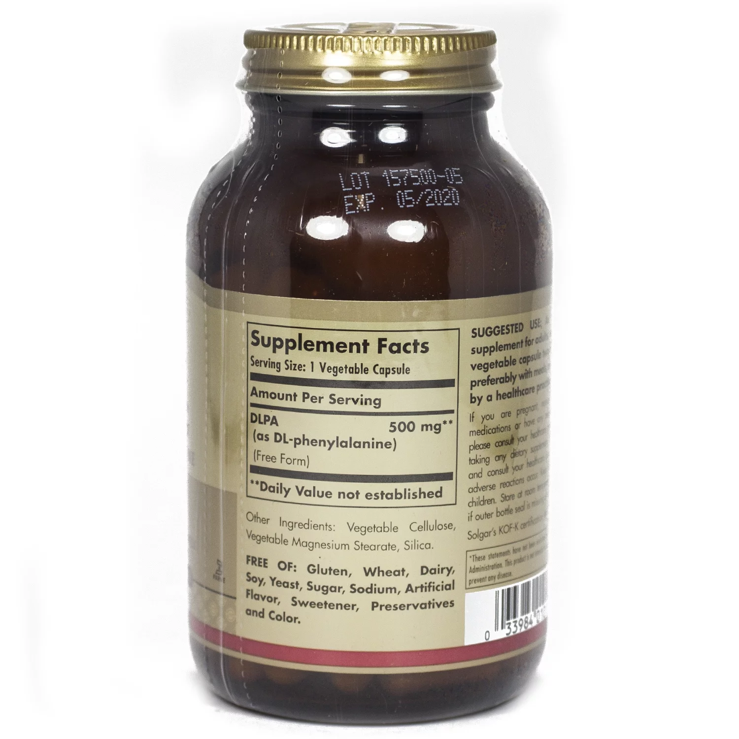 Solgar DLPA, DL-Phenylalanine,  Free Form, 500 mg, 100 Vegetable Capsules