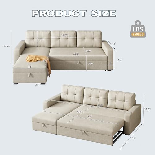 Ball & Cast Sleeper Sofa Couch with Pull Out Bed,L Shaped Sleeper Sofa with Storage,Sectional Sleeper Couch,Convertible Sleeper Sectional Sofa W/Reversible Chaise & Back Cushion,for Living Room,Office