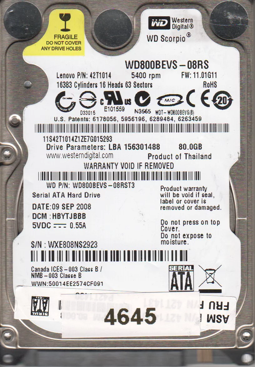 WD800BEVS-08RST3, DCM HBYTJBBB, Western Digital 80GB SATA 2.5 Hard Drive