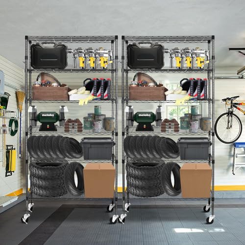 6 Tier Storage Shelves with Wheels, 2100lbs Capacity Heavy Duty Shelving Units, 14x36x75inch Adjustable Metal Shelf Wire Shelving Rack for Garage, Kitchen, Office, Black
