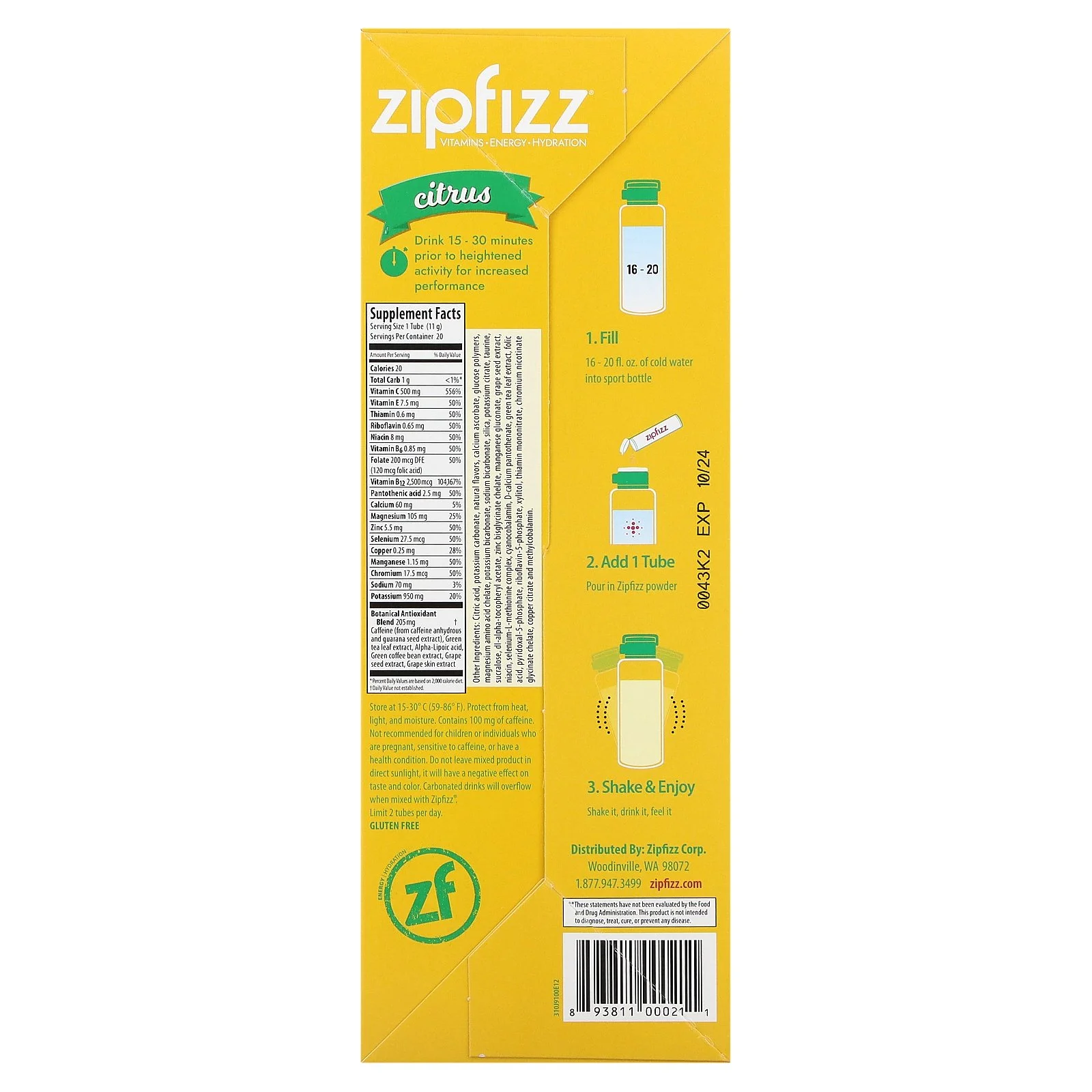 Zipfizz Energy Drink Mix, Electrolyte Hydration Powder with B12 and Multi Vitamin, Citrus (20 Pack)