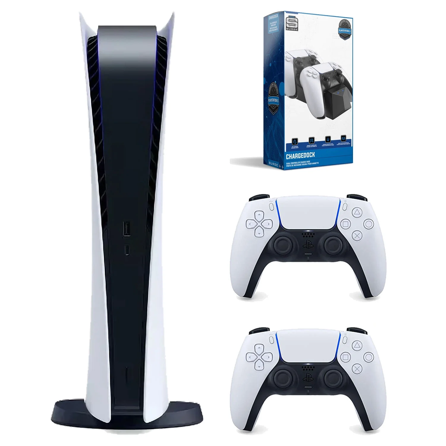 Sony Playstation 5 Digital Edition Console (Japan Import) with Extra White Controller and Surge Dual Controller Charge Dock