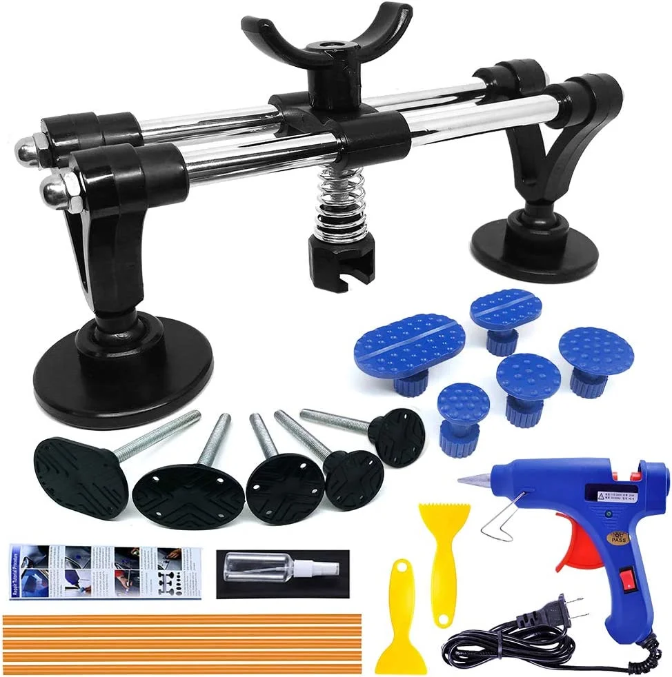 Auto Body Repair Tool Kit, Car Dent Puller with Double Pole Bridge Dent Puller, Glue Puller Tabs, Glue Shovel for Auto Dent Removal, Minor dents, Door Dings and Hail Damage (with Glue Set)