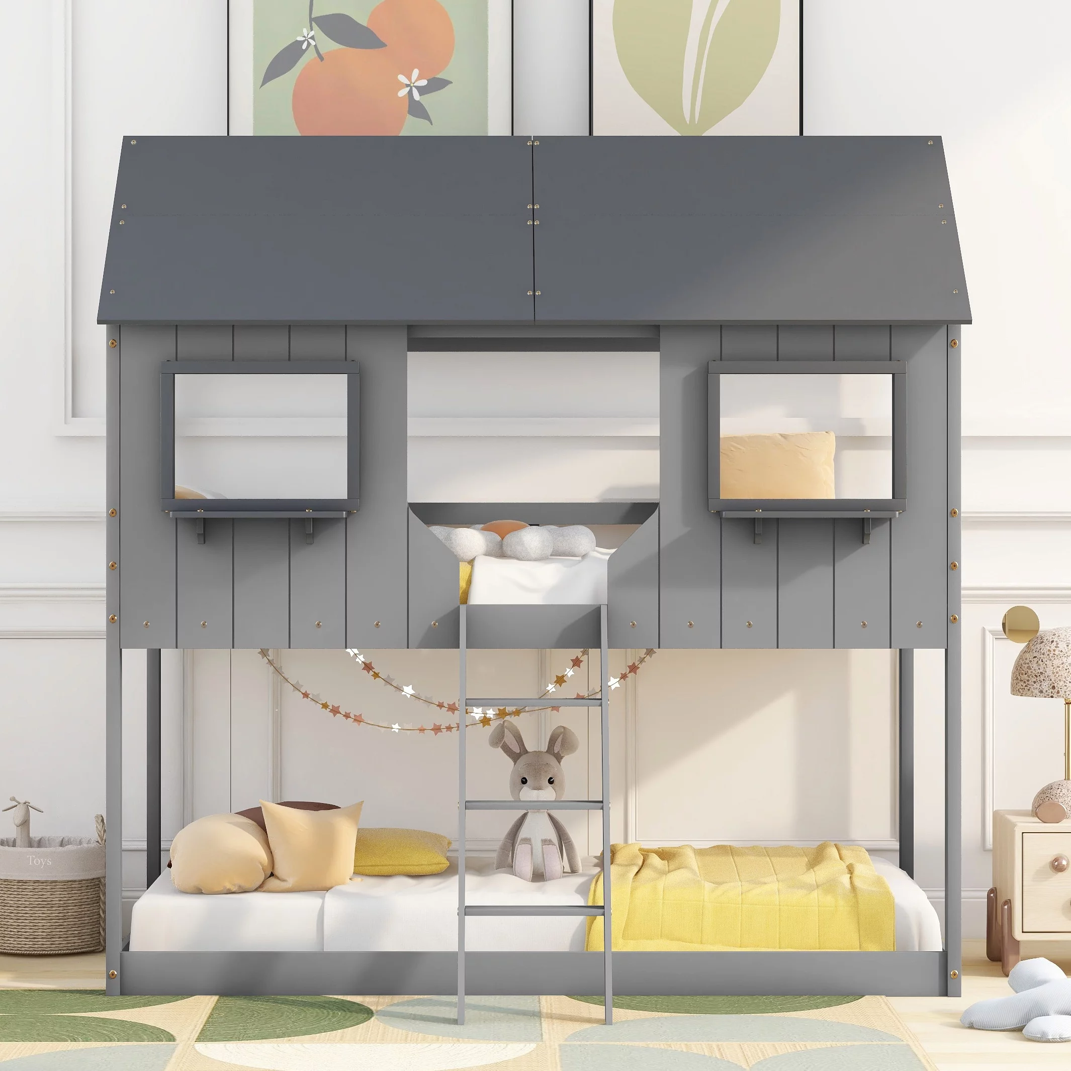 Bellemave Kids Bunk Bed Twin Over Twin, Wooden House Bunk Bed with Roof and Windows, Floor Bunk Beds for Kids Teens Girls Boys, No Spring Box Required (Gray)