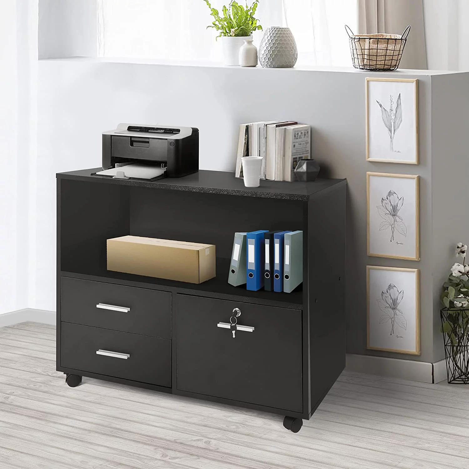 Karmas Product Wood File Cabinet with Lock 3 Drawer Large Mobile Lateral Filing Cabinet with Rolling Wheel Printer Stand with Open Storage Shelves for Home Office, Black