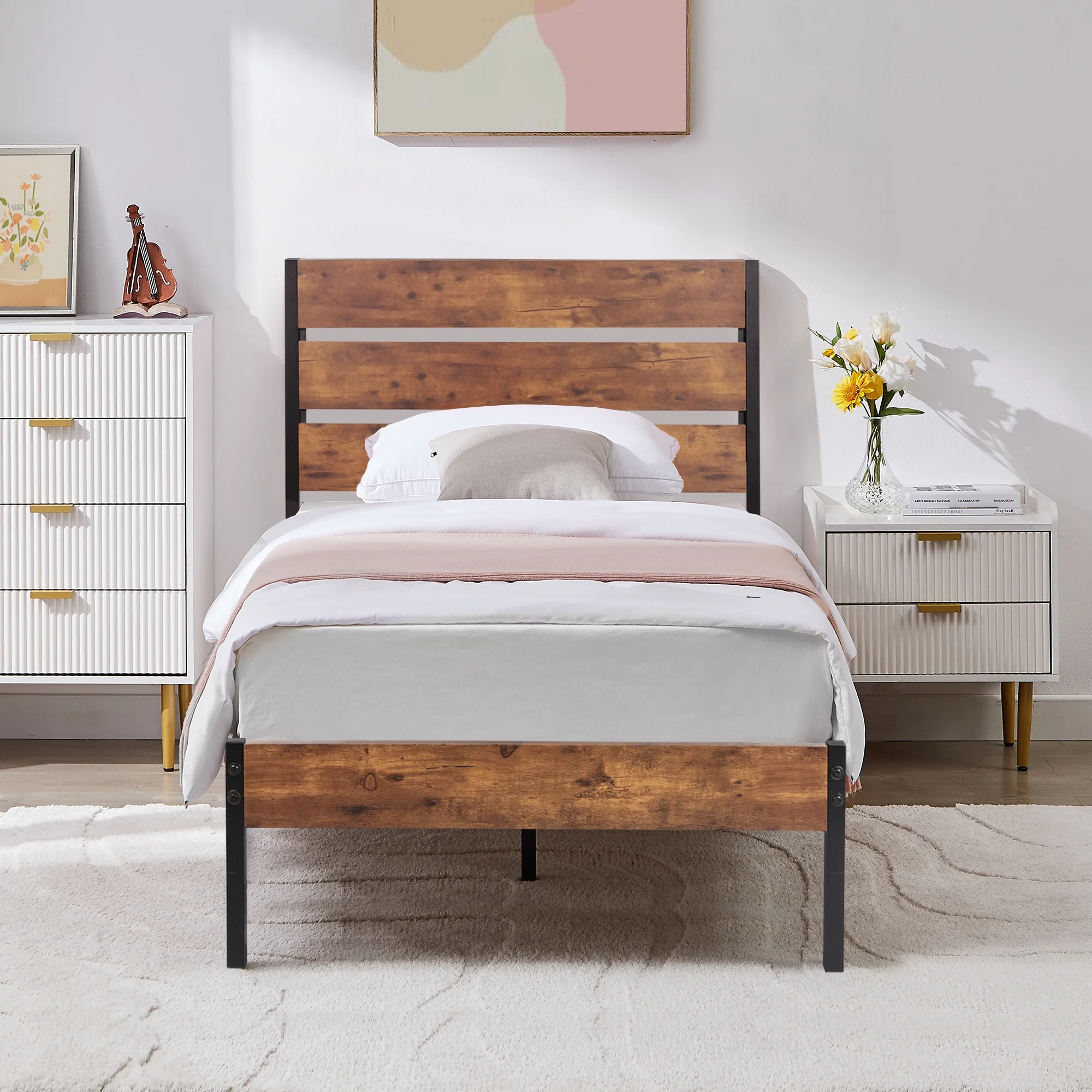 VECELO Twin Bed Frame with Wooden Headboard, Rustic Industrial Platform Bed and Strong Metal Slats, No Box Spring Needed, Brown