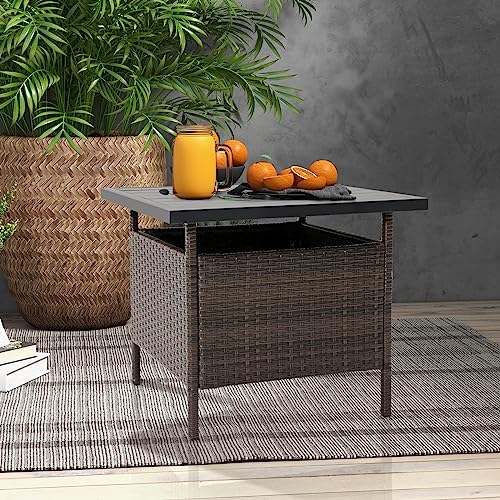 Tangkula Outdoor Wicker Table, Rattan Coffee Table with Umbrella Insert Hole, HDPE Tabletop & Sturdy Metal Frame, Patio Umbrella Side Table Stand for Backyard, Garden, Poolside