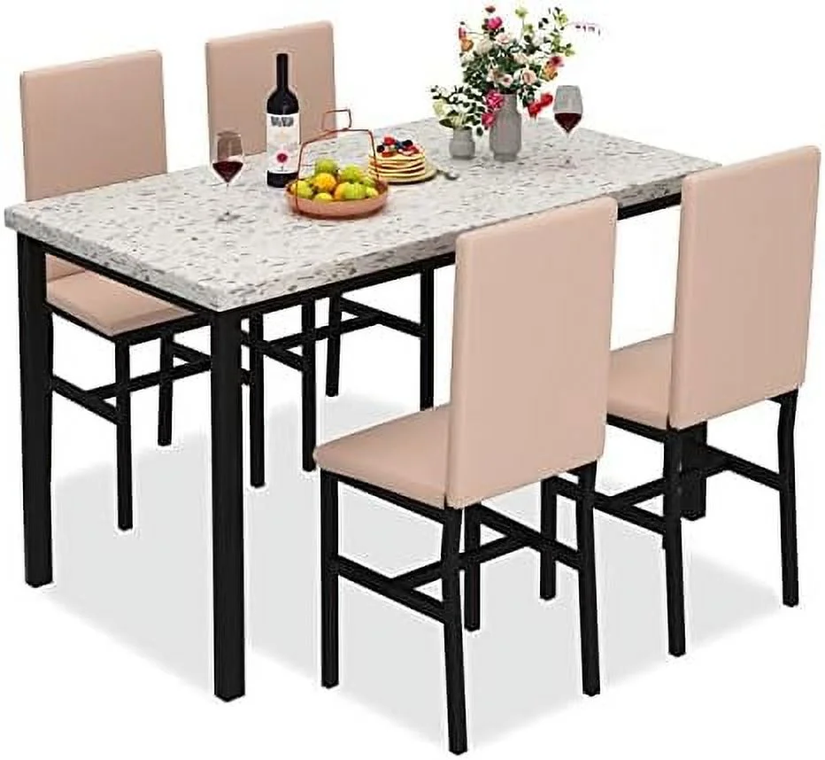 HJZBNONE 5-Piece Faux Marble Kitchen Table & Chair Set  4 PU Metal Frame Chairs for Small  Modern Compact Space for Home  Breakfast Nook Cafeteria Dining Room w/ Racks  01 Coffee