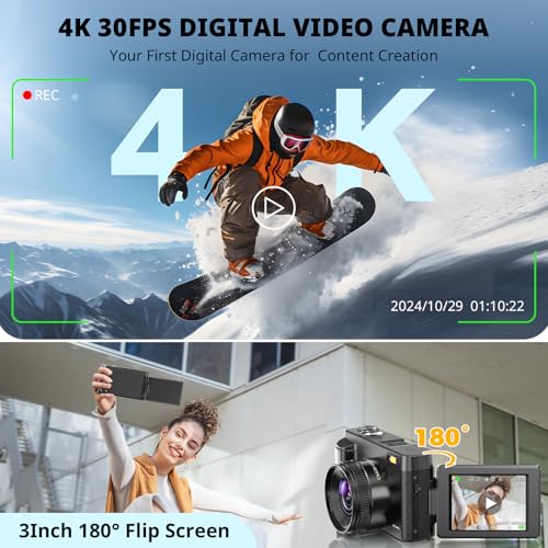 4K Digital Camera for Photography Autofocus, 2024 Latest 48MP Vlogging Camera for YouTube with SD Card, 2 Batteries, 3