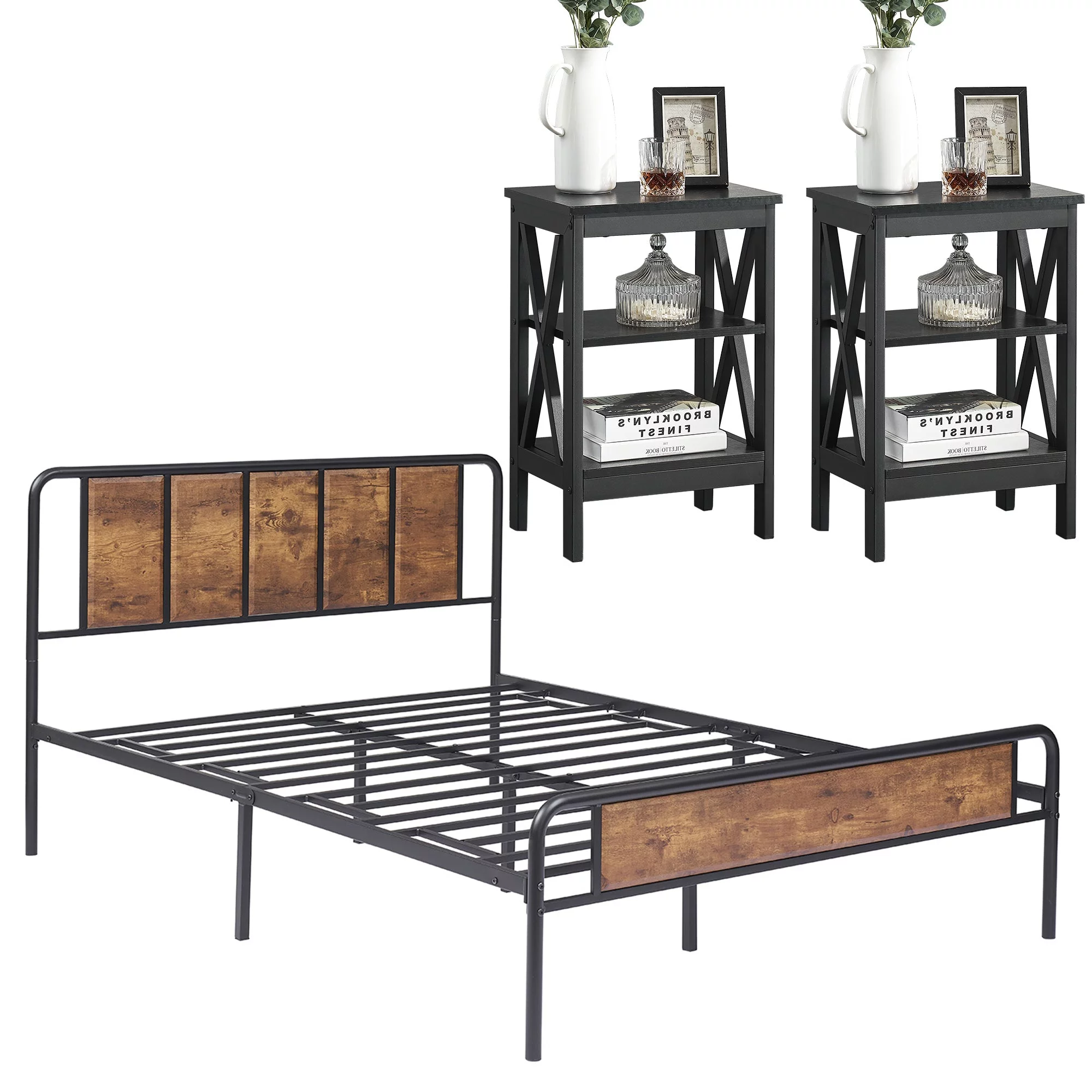 VECELO 3 Piece Bedroom Set, Wood Platform Bed Frame and 2 Nightstands, Full Size