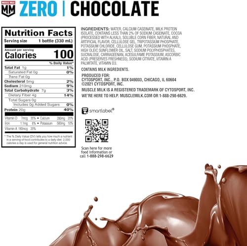Muscle Milk Zero Protein Shake, Chocolate,20g Protein, Zero Sugar, 100 Calories, Calcium, Vitamins A, C & D, 4g Fiber, Energizing Snack, Workout Recovery, Packaging May Vary,11.16 Fl Oz (Pack of 12)