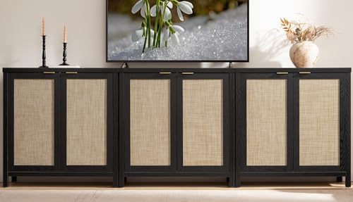 SICOTAS Rattan Sideboard Buffet Credenza Cabinet - 2 Pieces Larger Farmhouse Kitchen Coffee Bar Storage Cabinet with Storage - Boho Accent Console Table for Entryway Living Room - Oak