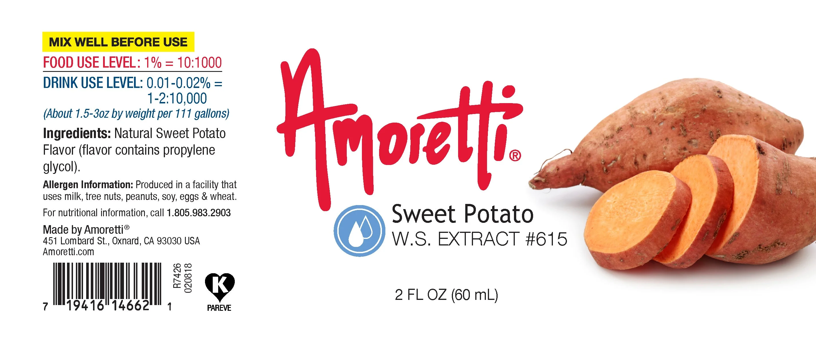 Amoretti - Sweet Potato Extract Water Soluble 2 oz - Highly Concentrated & Perfect For Pastry, Savory, Brewing, and more, Preservative Free, Vegan, Kosher Pareve, Keto Friendly