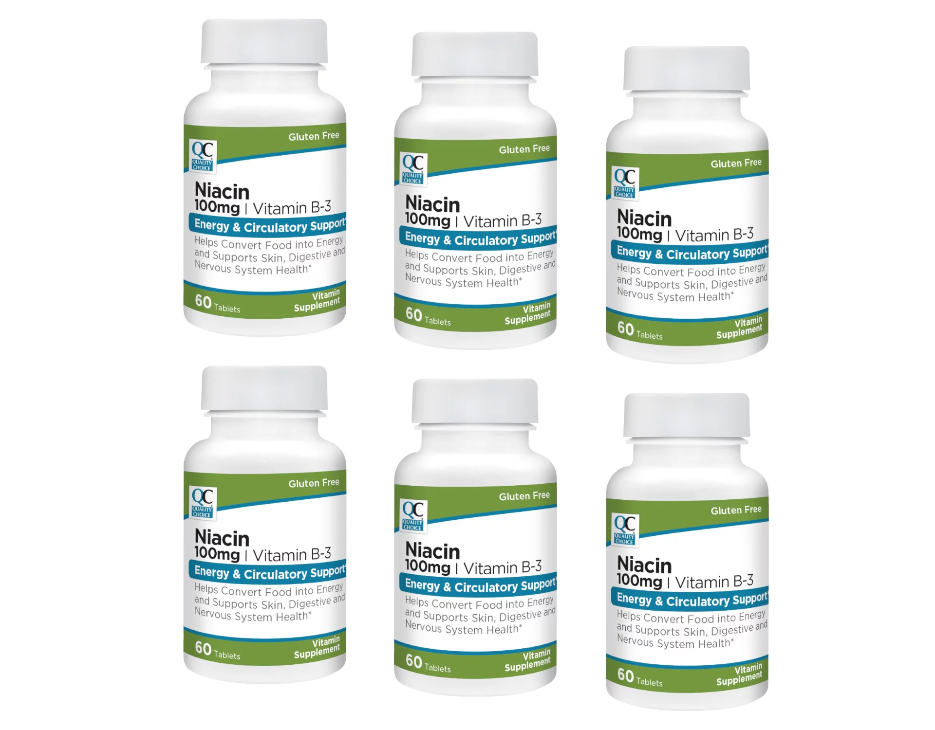 Quality Choice Niacin 100mg Vitamin B-3 Energy & Circulatory Support Tablets, 60 Count - Pack of 6