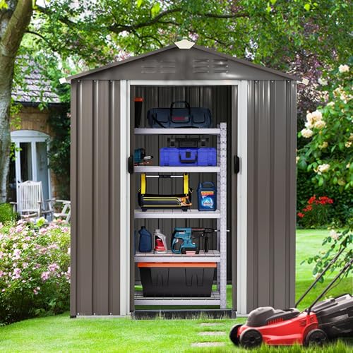 Shintenchi 5x3 FT Outdoor Storage Shed with Window, Lockable Outdoor Waterproof Tool Storage Sheds, Weather Resistant Tool Storage House Shed for Garden, Backyard, Patio Utility and Tool Storage, Gray