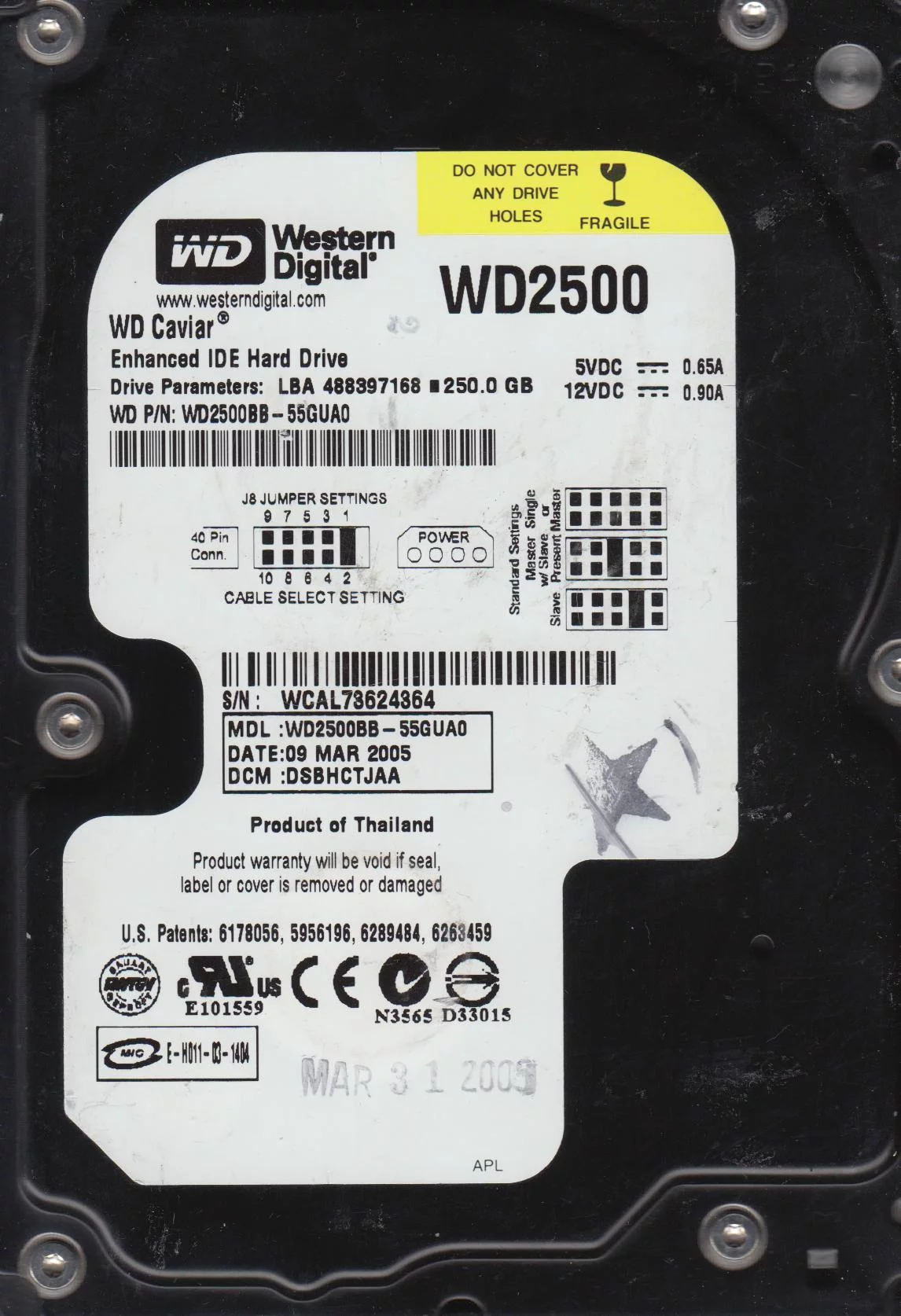 WD2500BB-55GUA0, DCM DSBHCTJAA, Western Digital 250GB IDE 3.5 Hard Drive