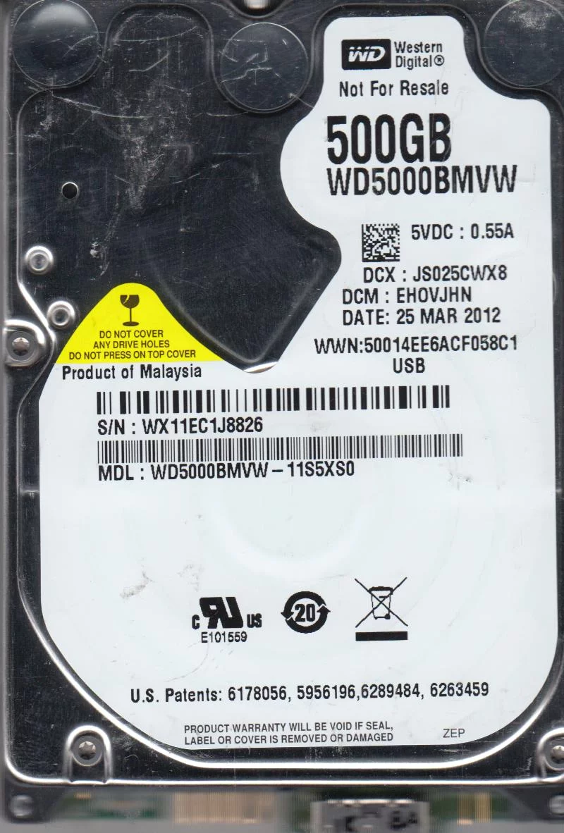 WD5000BMVW-11S5XS0, DCM EHOVJHN, Western Digital 500GB USB 2.5 Hard Drive
