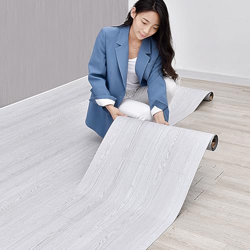 2 Rolls 15.7'' Wide Peel and Stick Floor Tiles FOGZUVR: 25.73 Sq.ft Self-Adhesive Thick Vinyl Flooring, Durable Waterproof Wood Grain Large Plank for Bathroom & Kitchen (Paleish Grey‌, 118''x15.7'')