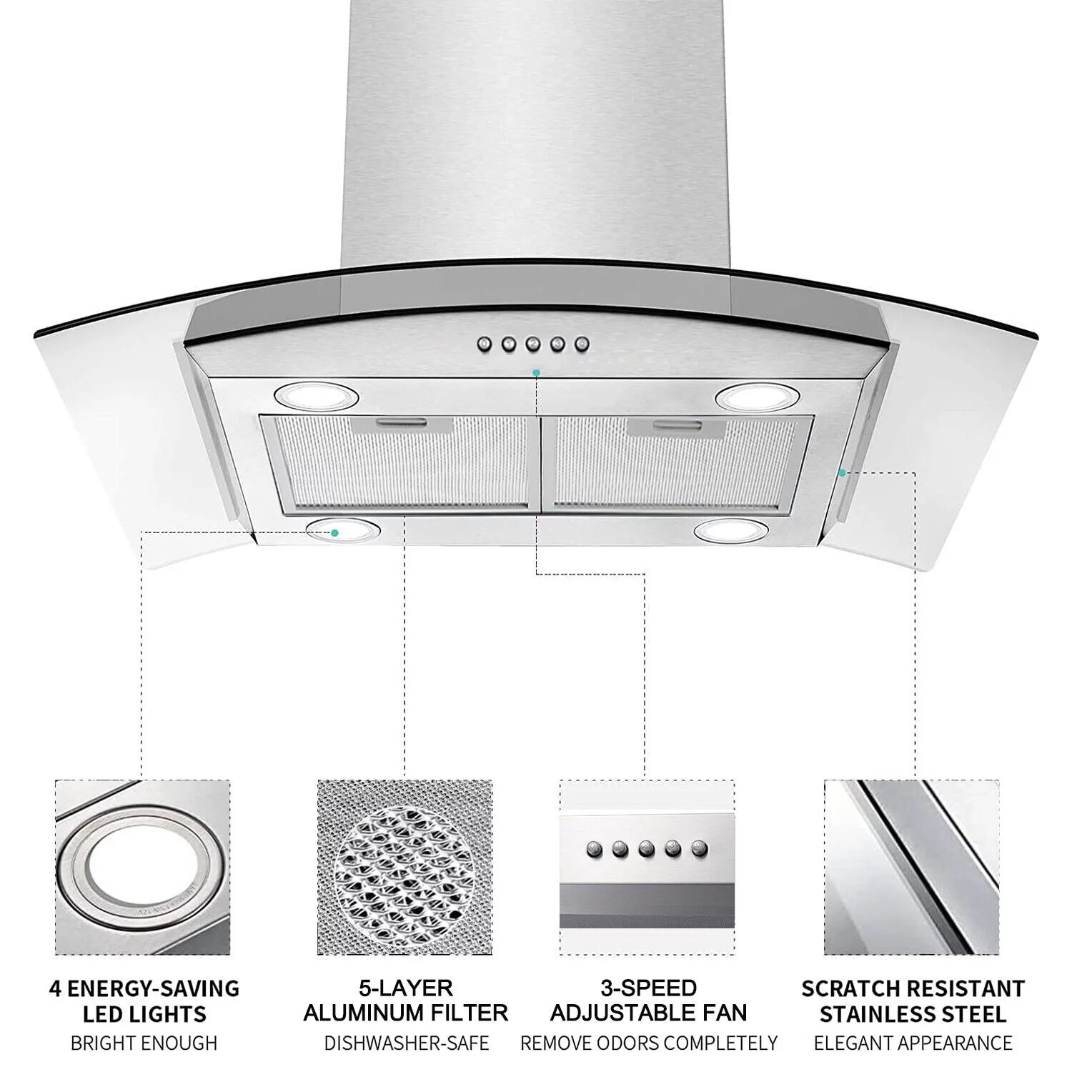 30 inch Island Mount Range Hood 900CFM  Tempered Glass 3-Speed Vent Hood Stainless Steel Dishwasher