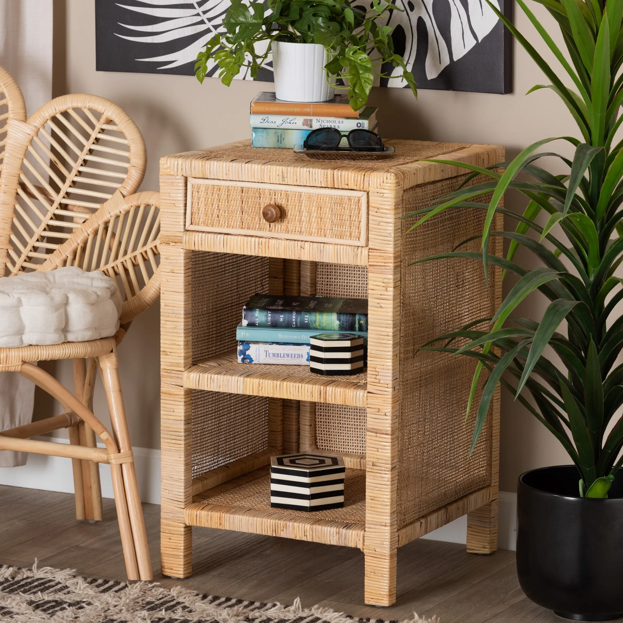 bali & pari Bella Modern Bohemian Natural Brown Mahogany Wood and Natural Rattan 1-Drawer Nightstand