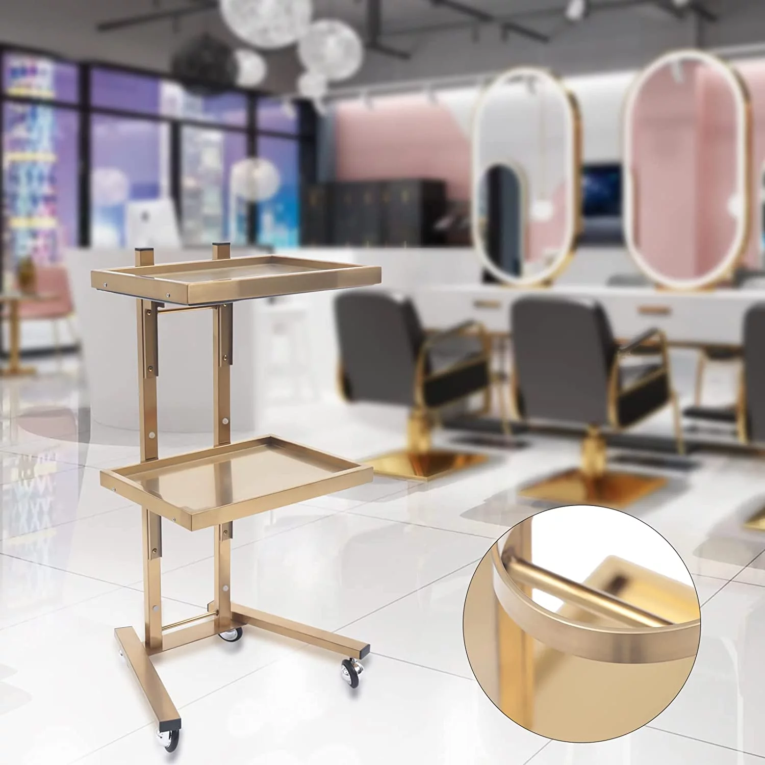 Miumaeov 2-Tier Cart Trolley Tray, Foldable Metal Rolling Trolley with 4 Swivel Casters Load 44 lb, Tattoo Shop Collapsible Utility Carts Stainless Steel Salon Storage Stand (Gold)