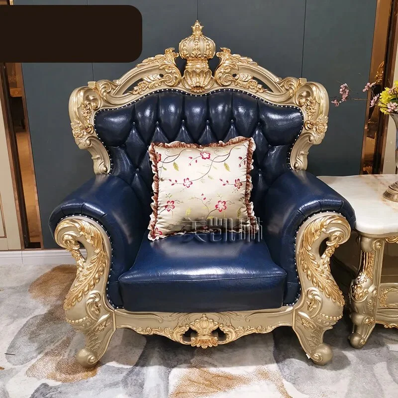 European-style Leather Sofa 123 Combination Luxury Champagne Furniture American All-carved Solid Wood Couches for Living Room