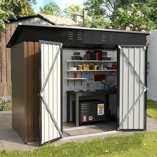 UDPATIO Outdoor Storage Shed 6 x 6 FT, Resin Garden Sheds with Floor Plastic Patio Outdoor Storage Shed with Lockable Door for Tool, Bike, Garbage Gray White