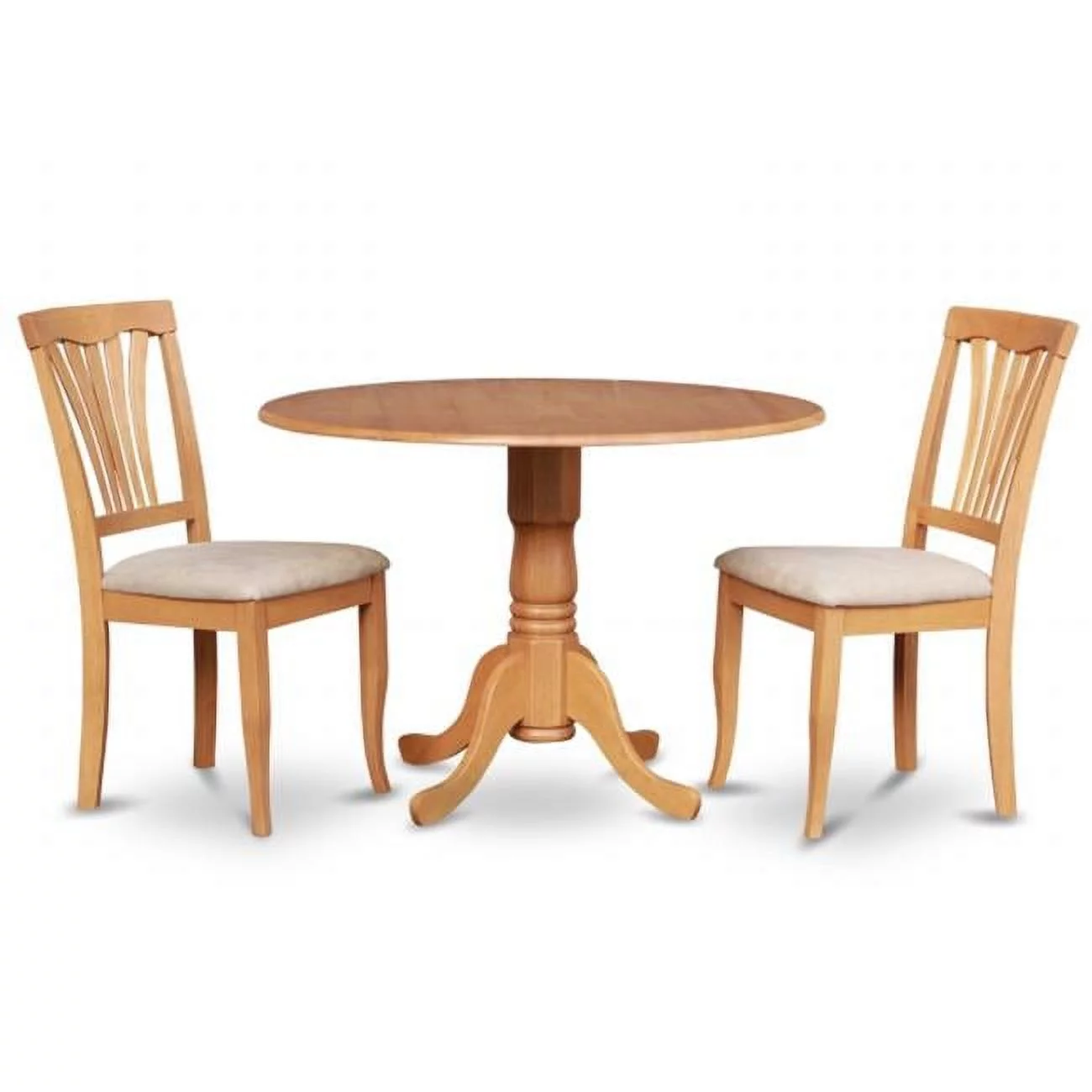 East West Furniture DLAV3-OAK-C 3PC Kitchen Round Table with 2 Drop Leaves and 2 Chairs with Microfiber Upholstered Seat