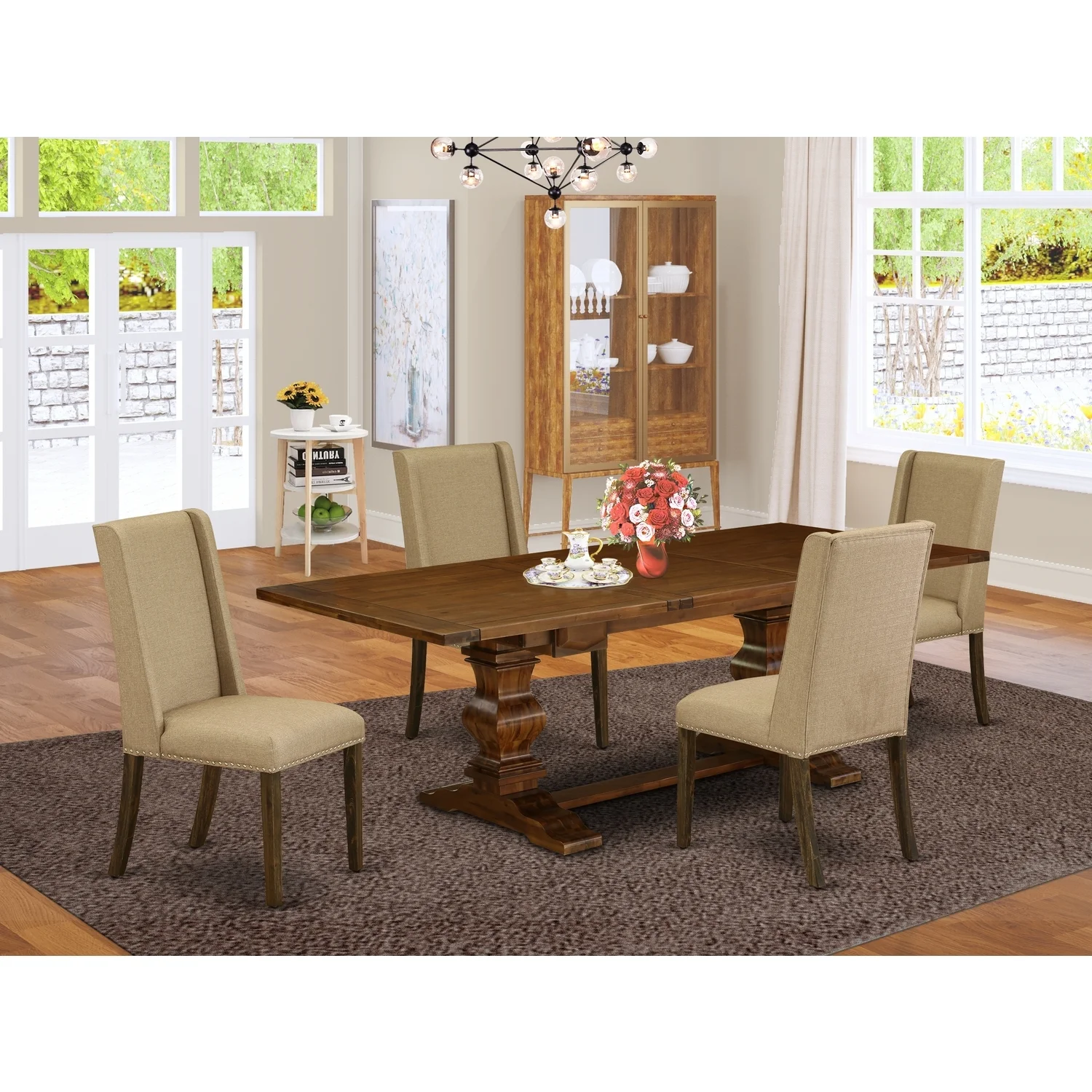 HomeStock Suburban Soiree 5-Pc Wood Dining Table Set With Chair?S Legs & Dark Khaki Linen Fabric Chairs For Dining Room Set Of 4 & Kitchen Dining Room Table - Antique Walnut