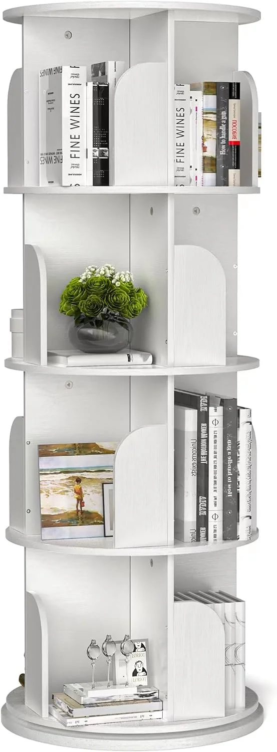 Rotating Bookshelf, Small Bookshelf for Small Space, 360 Display 4 Tier Floor Standing Bookcase Storage Rack, Wood Narrow Book Shelf Organizer for Bedroom, Living Room (White)