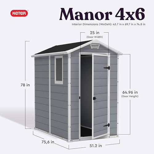 Keter Manor 4x6 Resin Outdoor Storage Shed Kit-Perfect to Store Patio Furniture, Garden Tools Bike Accessories, Beach Chairs and Lawn Mower, Grey & White