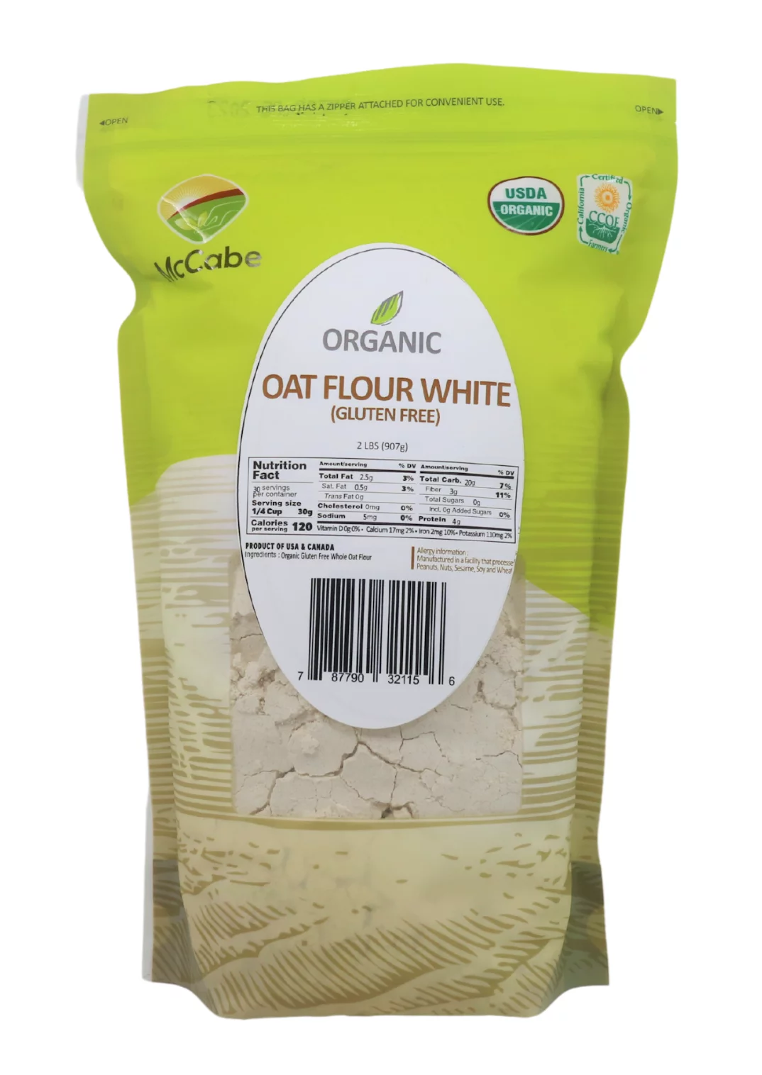 McCabe Whole Oat Flour - White | Rich with Fiber & Minerals | USDA and CCOF Certified | Product of USA | 2Lbs