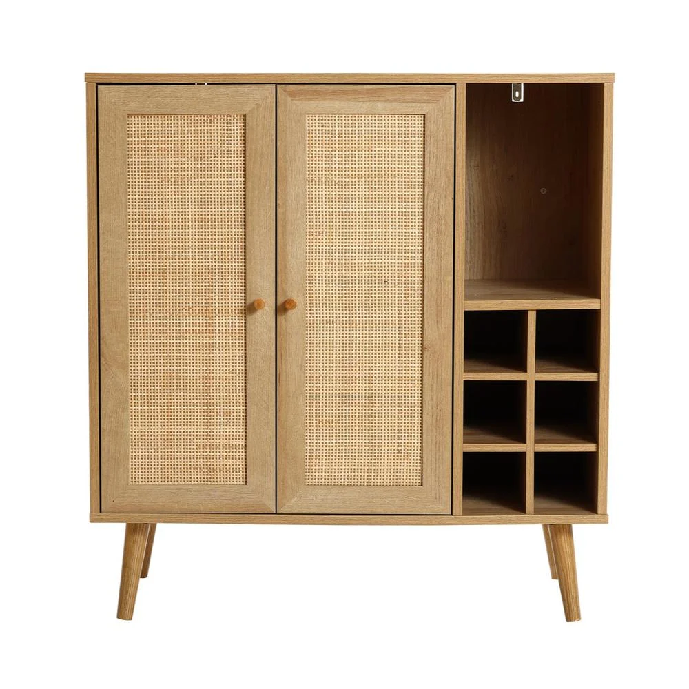 Luxen Home 2-Door Engineered Wood & Rattan Wine and Storage Cabinet in Light Oak