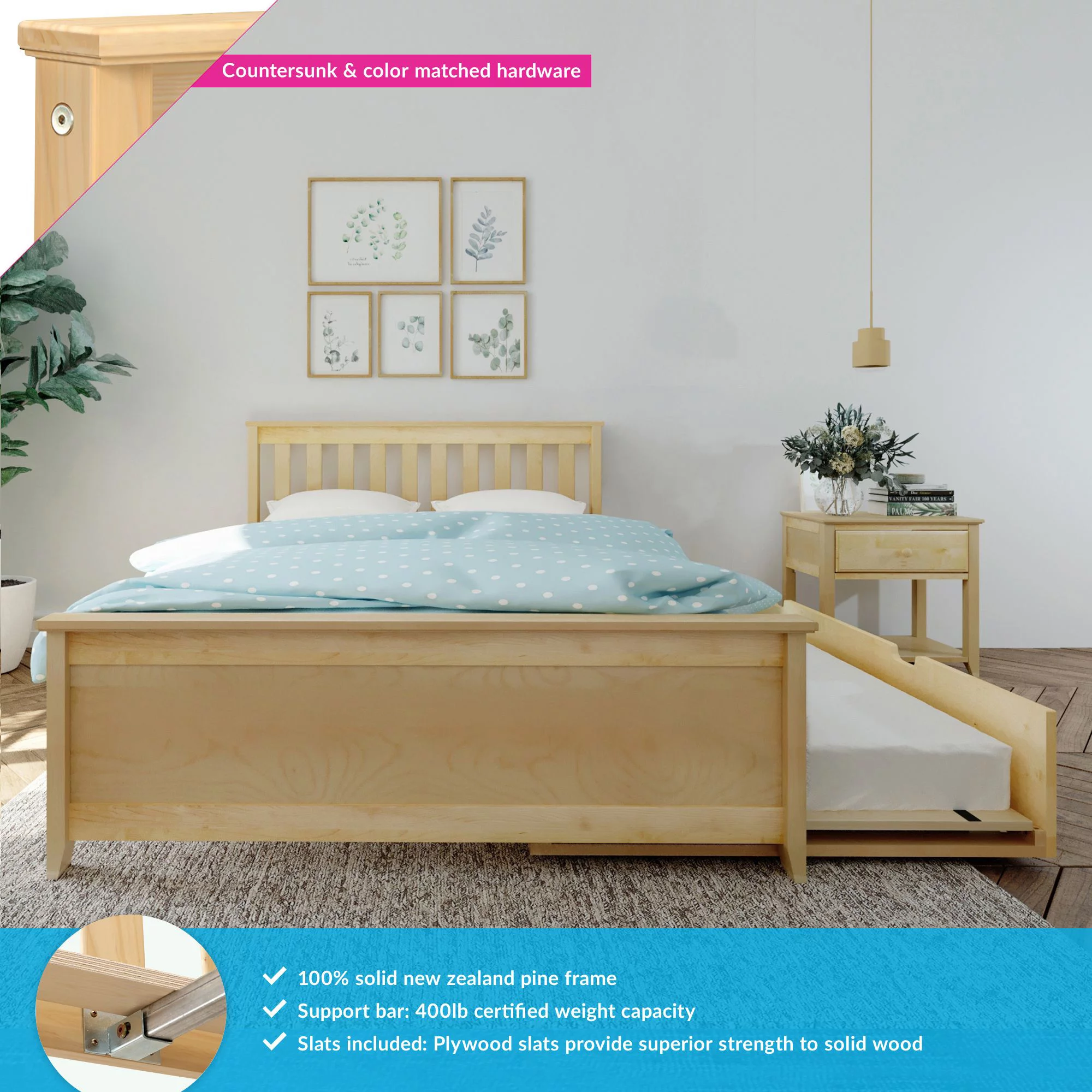 Max & Lily Full Size Bed Frame with Trundle, Solid Wood Platform Bed with Storage, Natural
