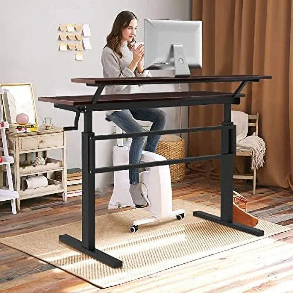 HJZBNONE Standing Desk  2-Tier Height Adjustable Sit to Standing Desk  Computer Desk Workstation with Monitor Stand & Foldable Crank Handle  Ergonomic Home Office Desk (Brown)
