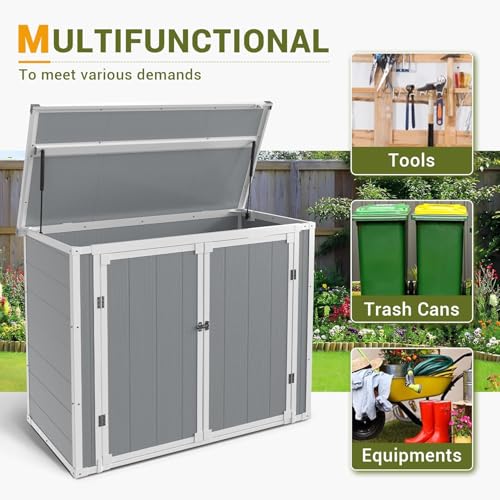 41 Cu.Ft Horizontal Outdoor Storage Box Plastic Shed, Trash Can Sheds Weatherproof Resin Shed with Floor Thickened & Gas Spring & Lockable Doors for Tools, Lawn Mower Storage
