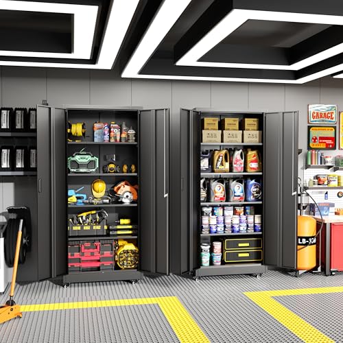 Greenvelly Metal Storage Cabinet with 4 Swivel Wheels,73” Black Garage Storage Cabinet with Wheels, Rolling Tool Cabinet with Locking Doors and Shelves for Home,Basement, Kitchen Pantry,Warehouse